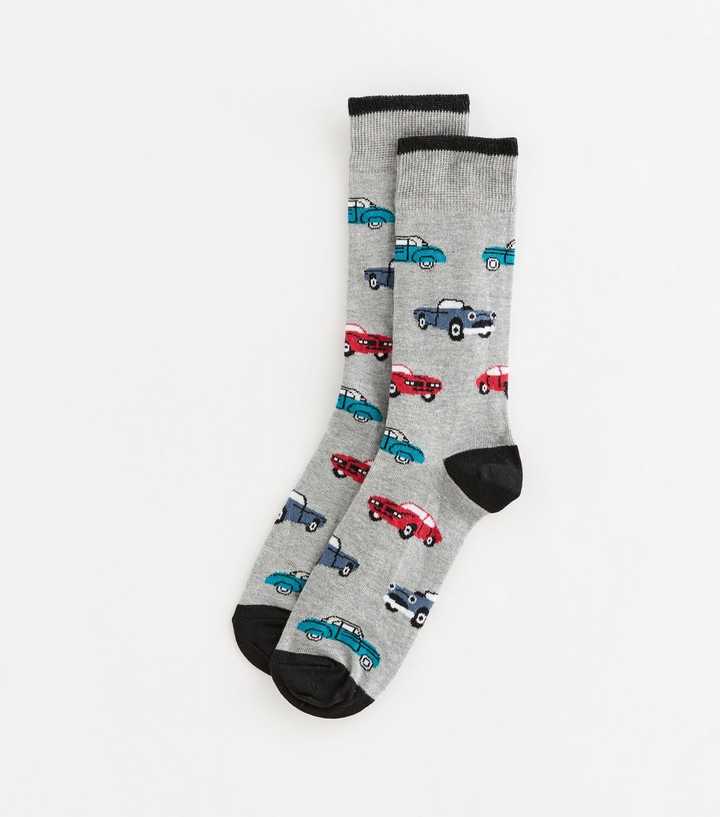 Mens Grey Car Pattern Ankle Socks