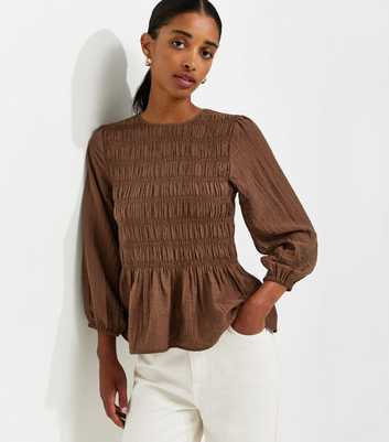 Dark Brown Shirred Long Sleeve Blouse