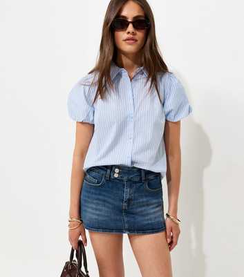 Blue Cotton Pinstripe Puff Sleeve Shirt