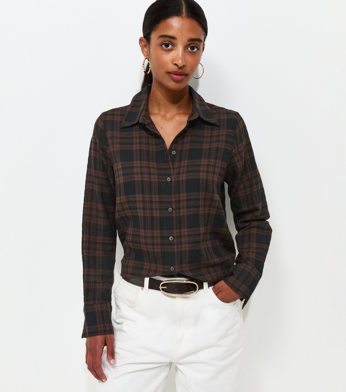 Women's Brown Cotton Rich Checked Long Sleeve Shirt New Look