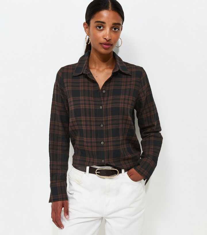 Brown Cotton Rich Checked Long Sleeve Shirt