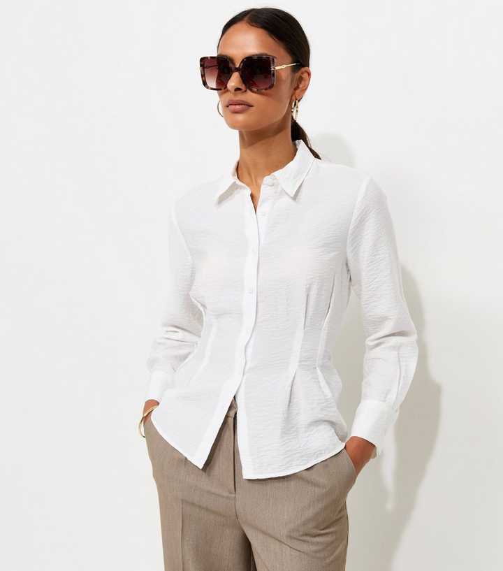White Crinkle Texture Gathered Waist Shirt