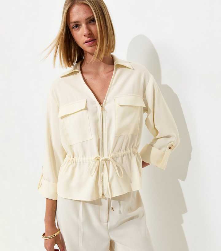 Cream Utility Pocket Zip Up Drawstring Jacket