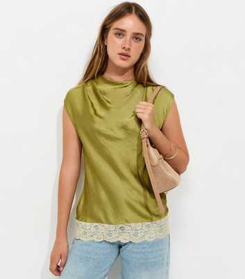 Dark Khaki Cowl Neck Lace Hem Satin Blouse