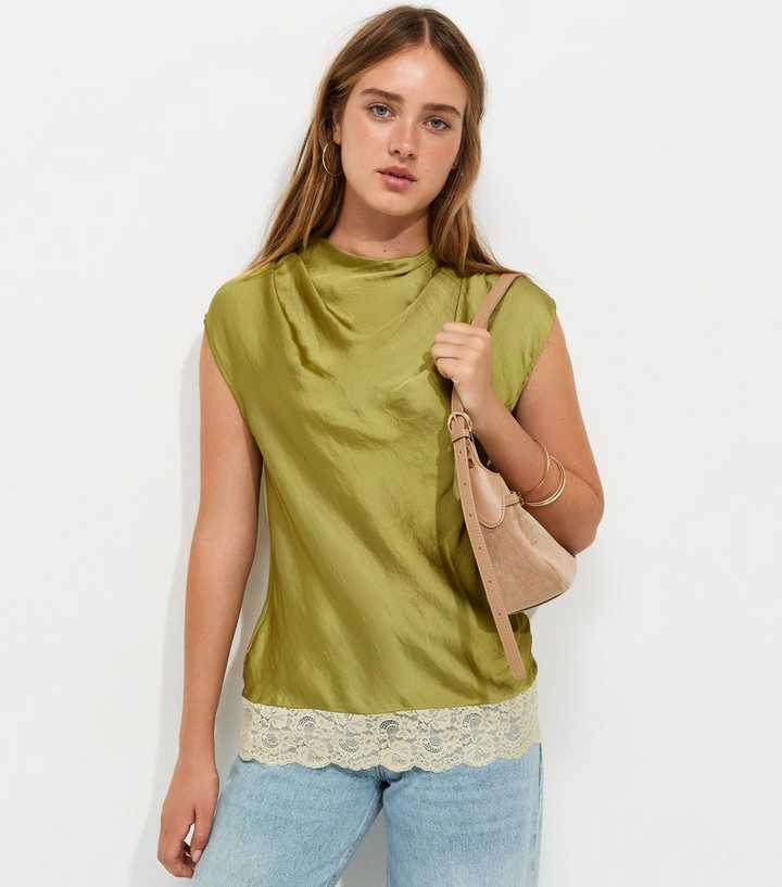 Green Cowl Neck Lace Hem Satin Blouse