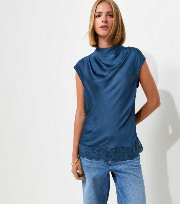 Navy Satin Cowl Neck Lace Hem Blouse