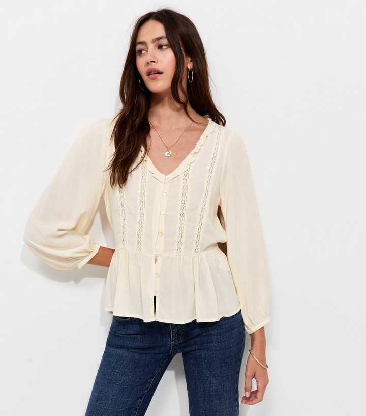 Cream Lace Trim Cropped Sleeve Peplum Blouse