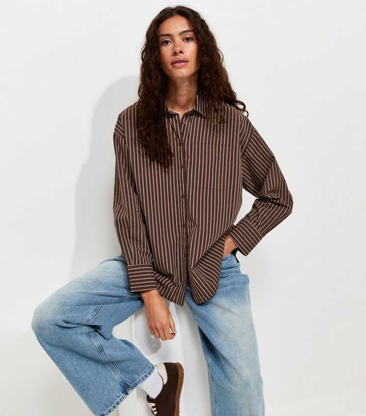 Brown Cotton Poplin Striped Long Sleeve Shirt