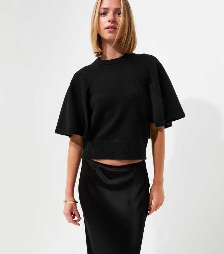 Black Knitted Cape Sleeve T-Shirt