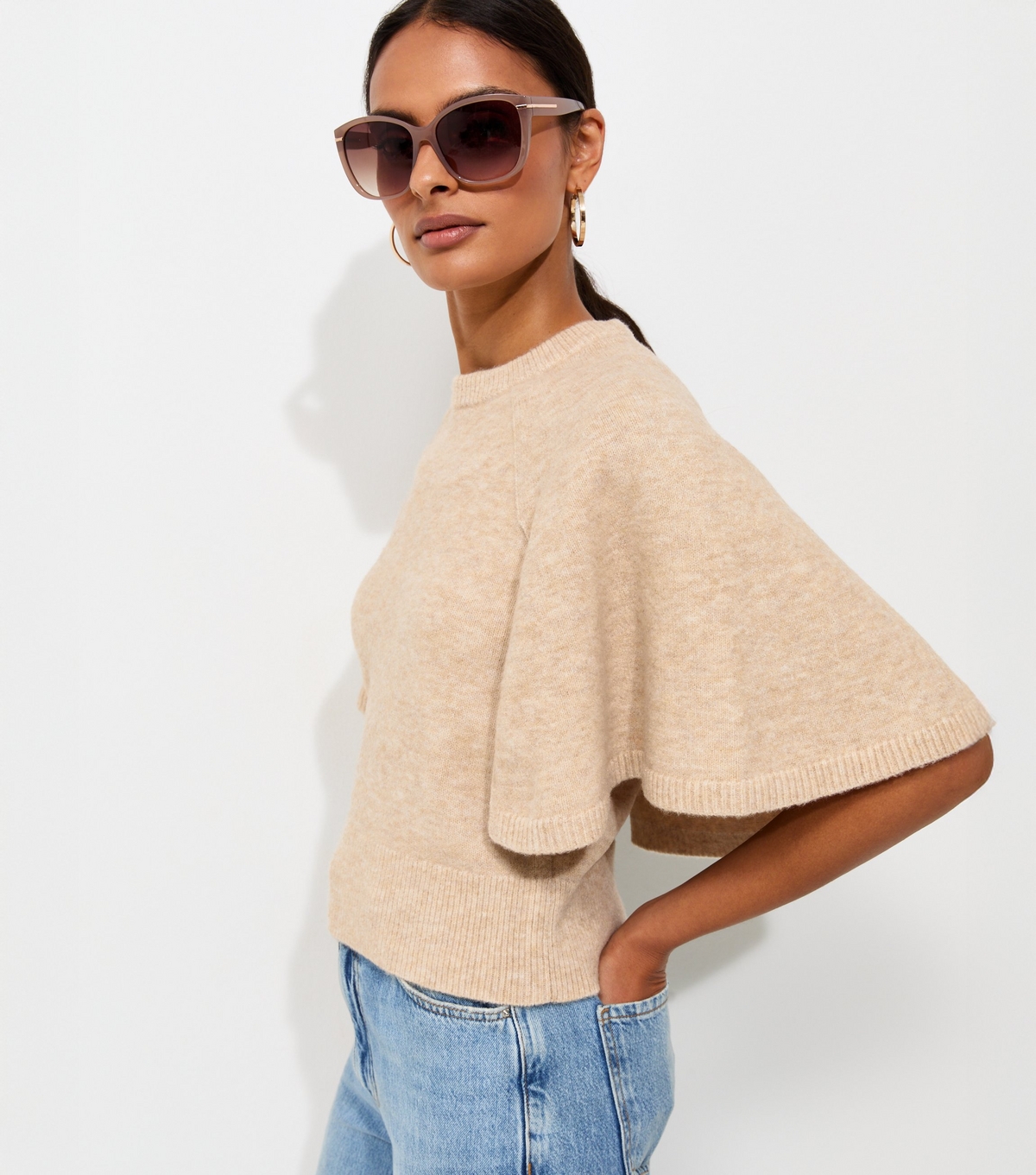 Women's Oatmeal Knitted Cape Sleeve T-Shirt New Look