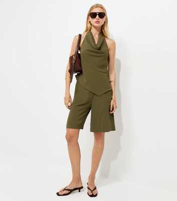 Dark Khaki Asymmetric Hem Cowl Halterneck Top