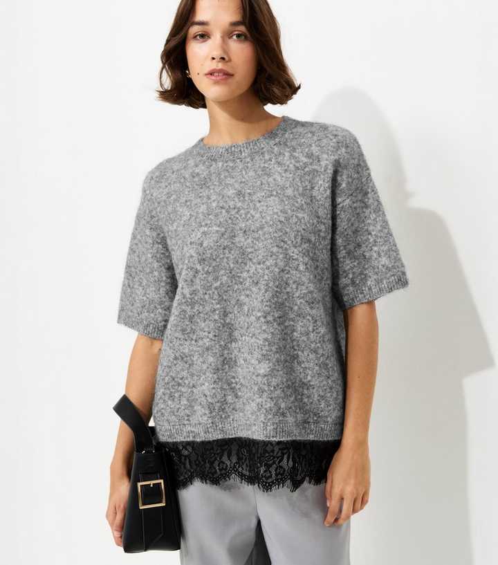Grey Brushed Knit Lace Hem T-Shirt with Wool