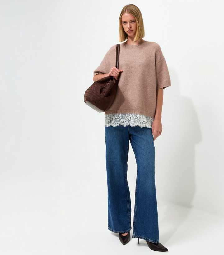Mink Brushed Knit Lace Hem T-Shirt with Wool