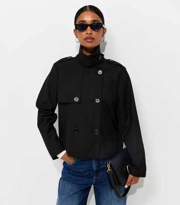 Black Double Breasted Cropped Trench Jacket