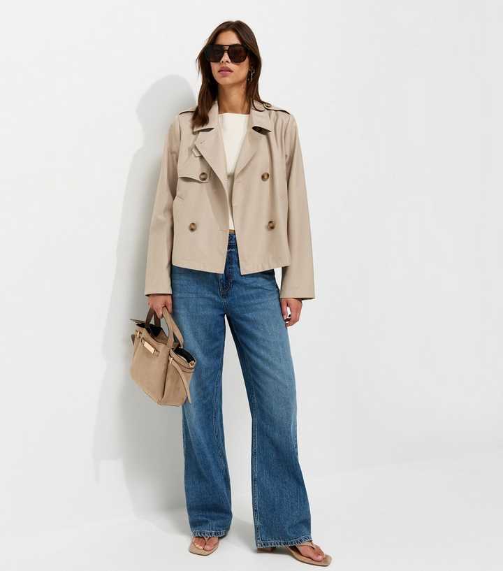 Cream Double Breasted Cropped Trench Jacket
