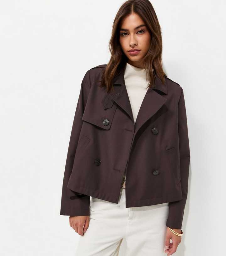 Dark Brown Double Breasted Cropped Trench Jacket