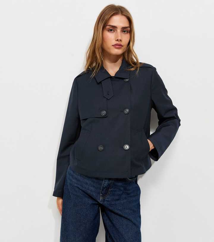 Navy Double Breasted Cropped Trench Jacket