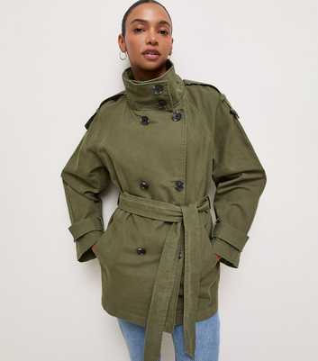 Dark Khaki Cotton Funnel Neck Tie Waist Trench Jacket