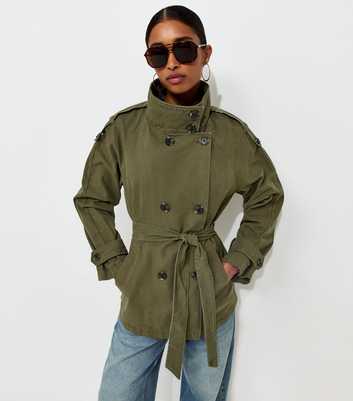 Dark Khaki Cotton Funnel Neck Tie Waist Trench Jacket