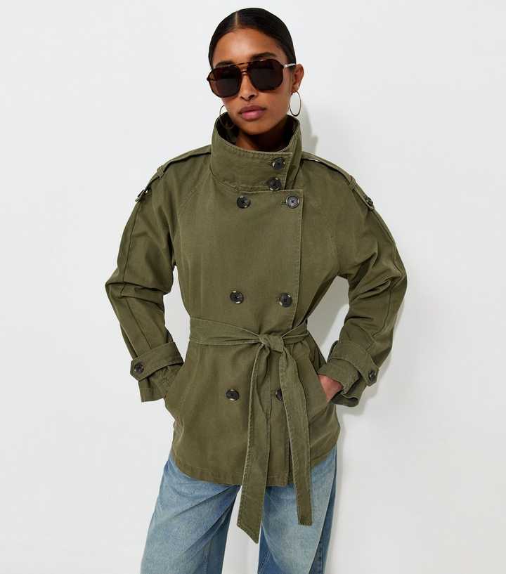 Dark Khaki Cotton Funnel Neck Tie Waist Trench Jacket