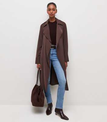 Dark Brown Waterfall Front Draped Mid-Length Coat