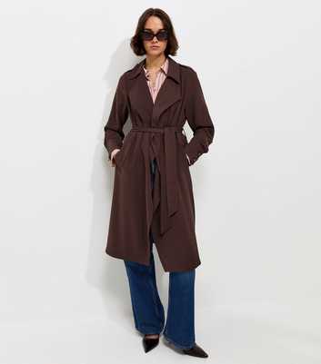 Dark Brown Waterfall Front Draped Mid-Length Coat