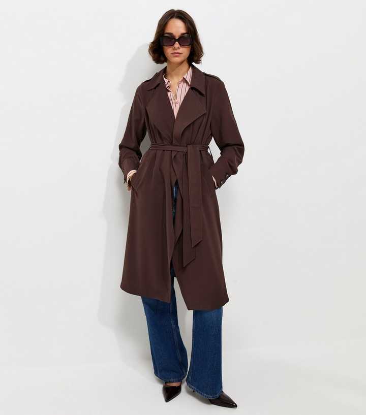 Dark Brown Waterfall Front Draped Mid-Length Coat