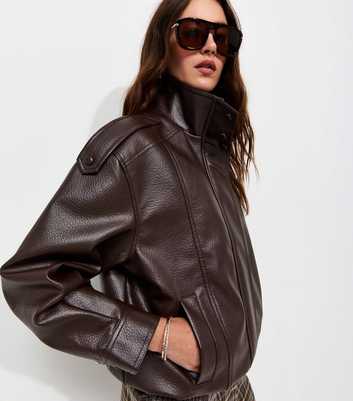 Dark Brown Faux Leather Funnel Neck Oversized Jacket