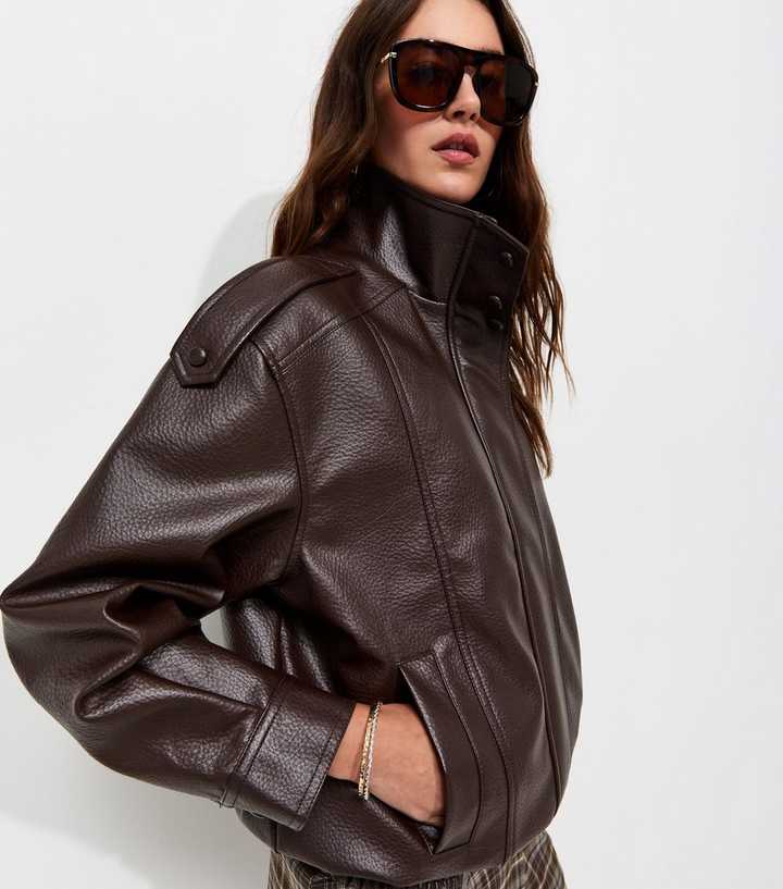 Dark Brown Faux Leather Funnel Neck Oversized Jacket