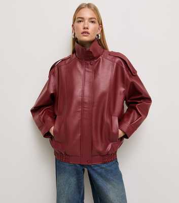 Dark Red Faux Leather Funnel Neck Oversized Jacket