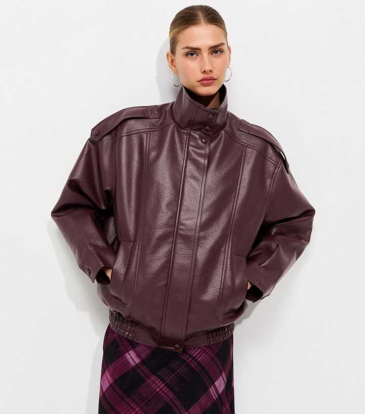 Dark Burgundy Faux Leather Funnel Neck Oversized Jacket