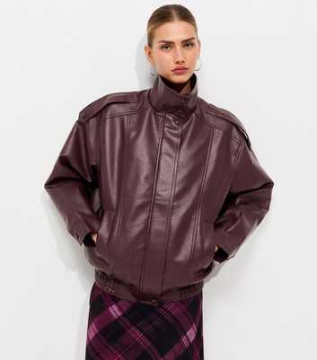 Dark Burgundy Faux Leather Funnel Neck Oversized Jacket