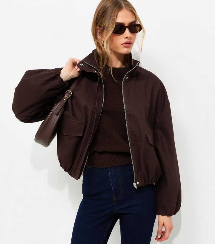Dark Brown Cotton Funnel Neck Bubble Hem Short Jacket