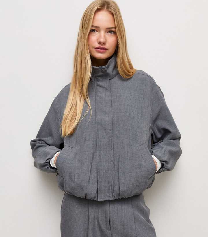 Grey High Neck Bubble Hem Jacket