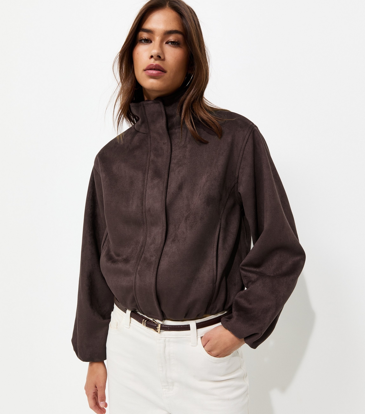 Women's Dark Brown Faux Suede Bubble Hem Jacket New Look