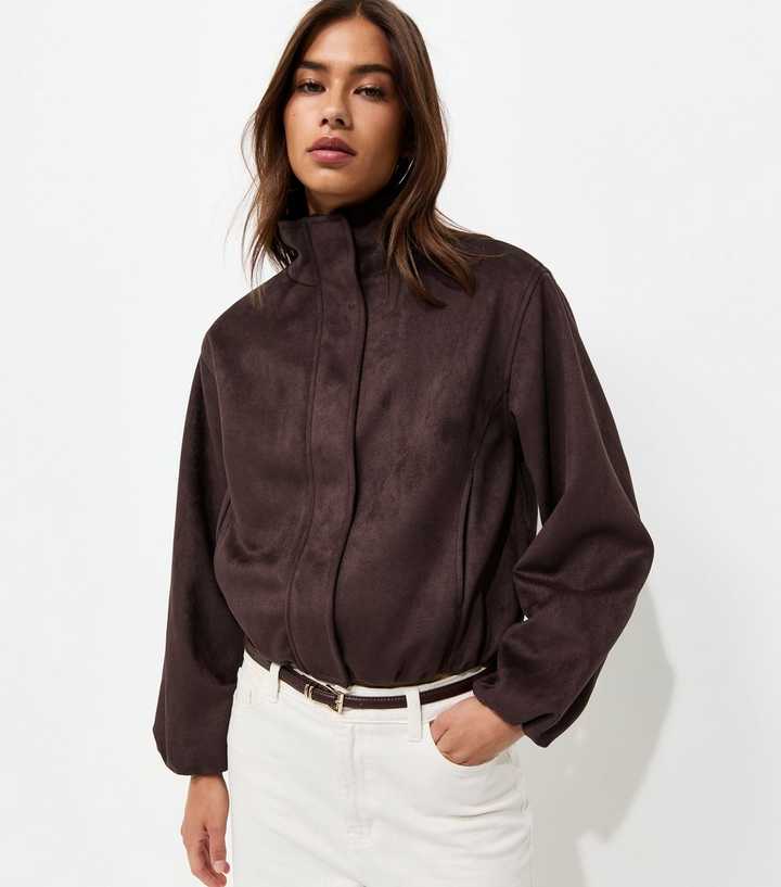 Dark Brown Faux Suede Bubble Hem Jacket