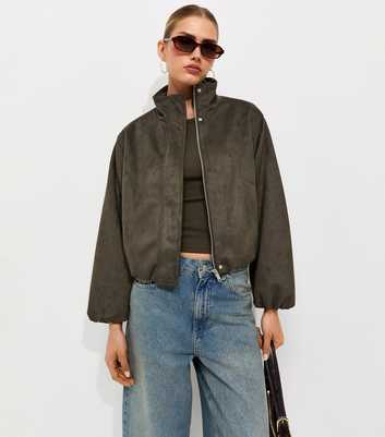 Dark Khaki Faux Suede Bubble Hem Jacket