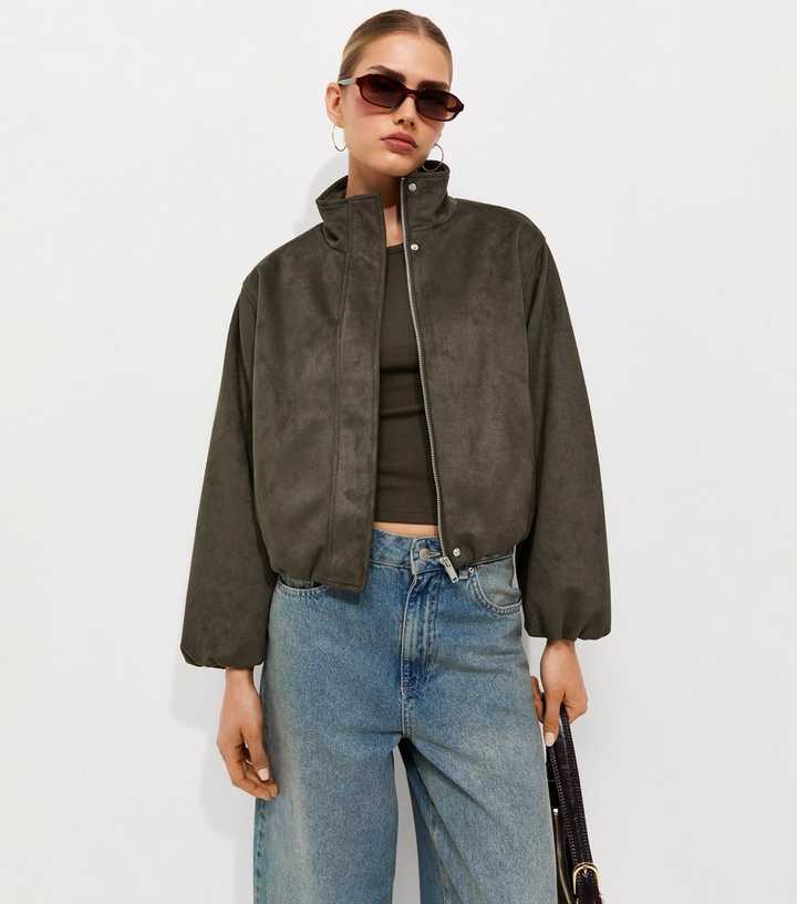 Dark Khaki Faux Suede Bubble Hem Jacket