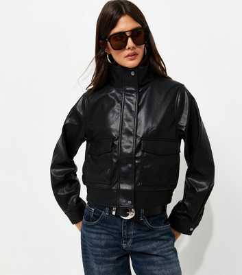 Black Faux Leather Flap Pocket Funnel Neck Jacket