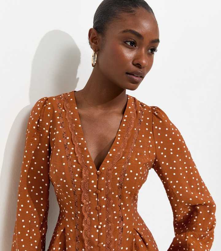 Orange Lace Trim Spot Print Button Blouse