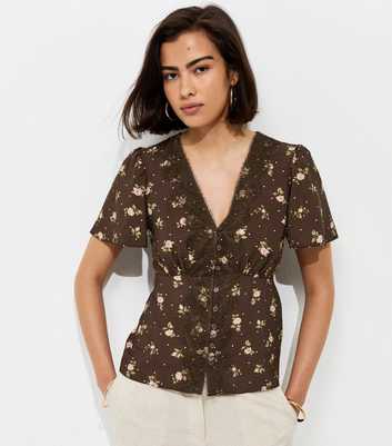 Brown Floral Spot Lace Trim Blouse