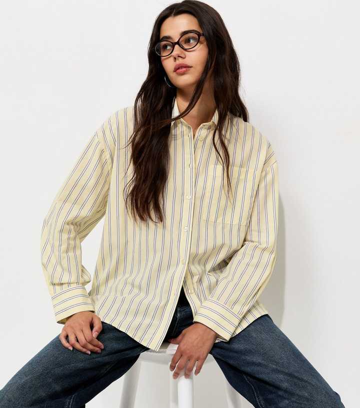 Yellow Cotton Striped Oversized Shirt