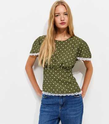 Green Spot Print Lace Trim Blouse
