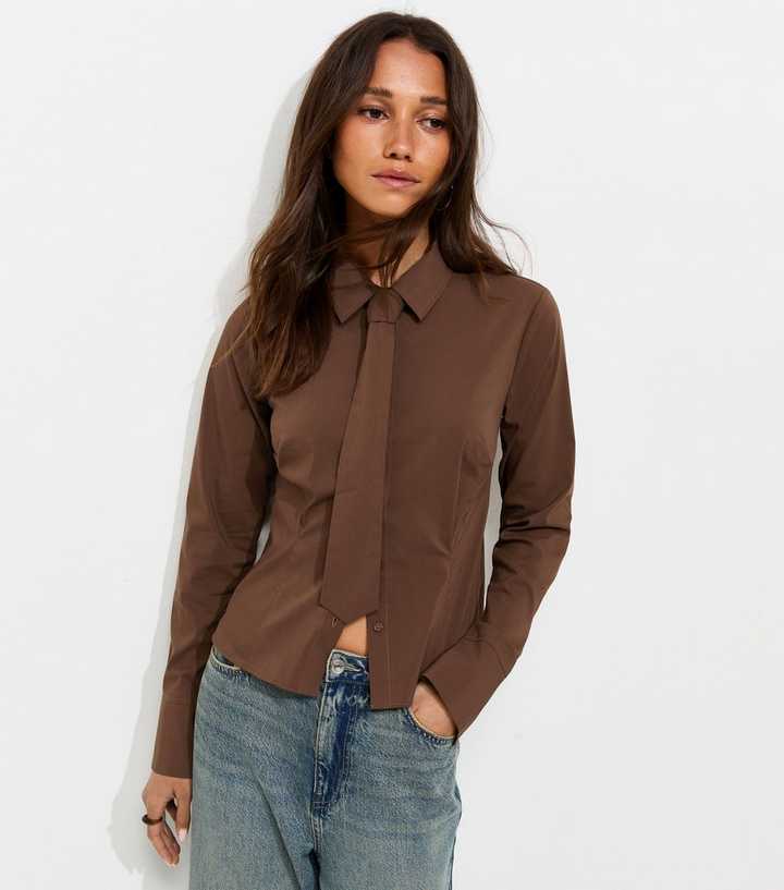 Dark Brown Cotton Rich Tie Neck Fitted Shirt