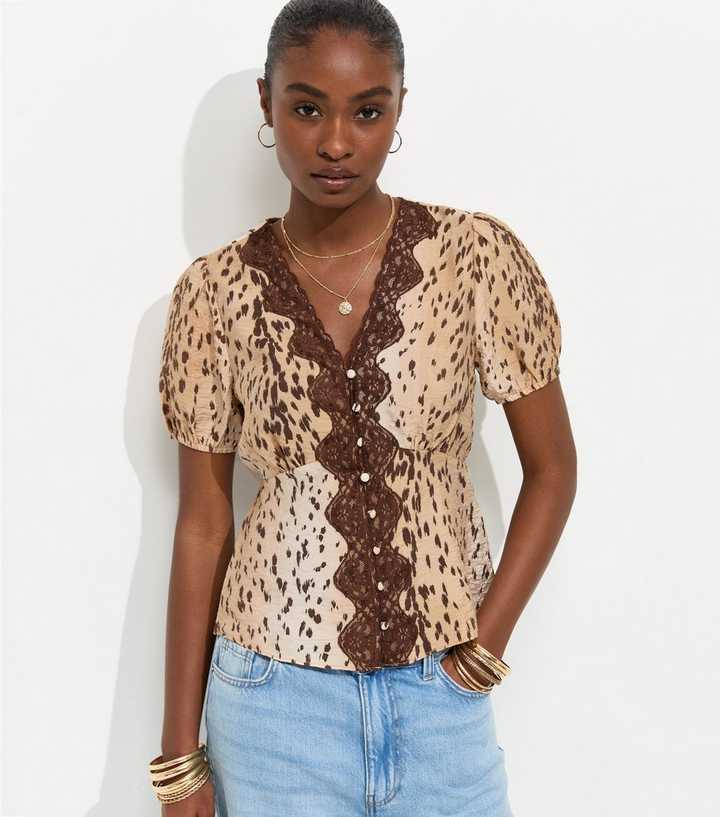 Brown Crinkle Texture Animal Print Lace Trim Tea Blouse