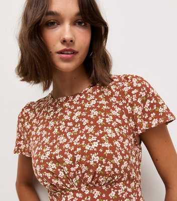 Orange Ditsy Print Gathered Bust Short Sleeve Blouse