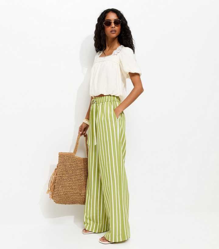 Green Striped Seersucker Wide Leg Trousers