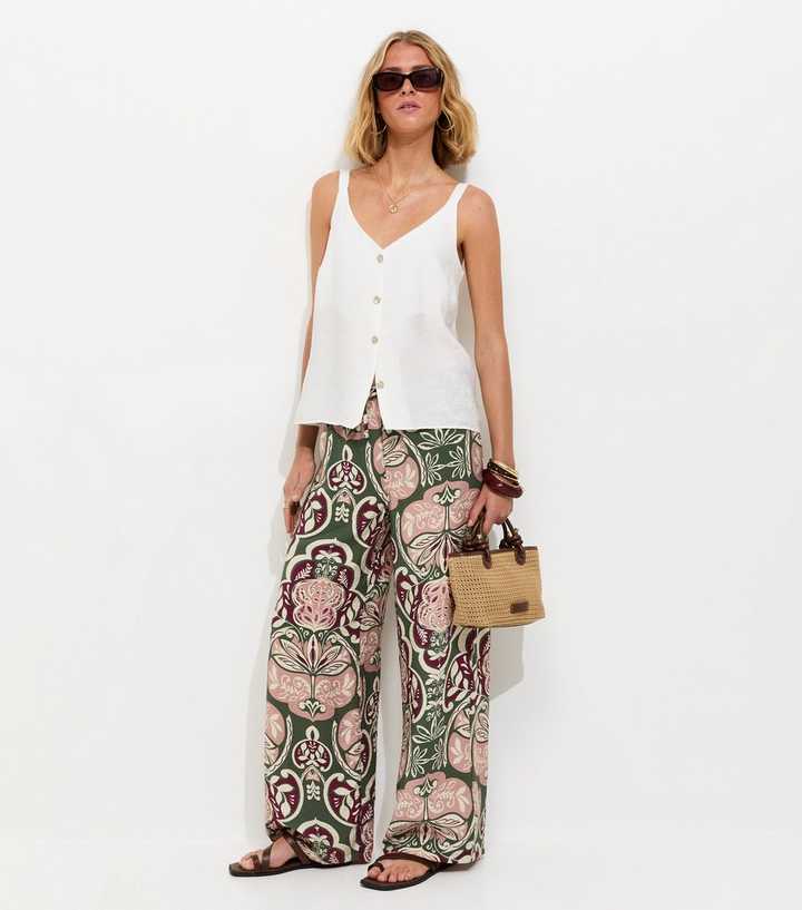 Green Folk Print Wide Leg Trousers