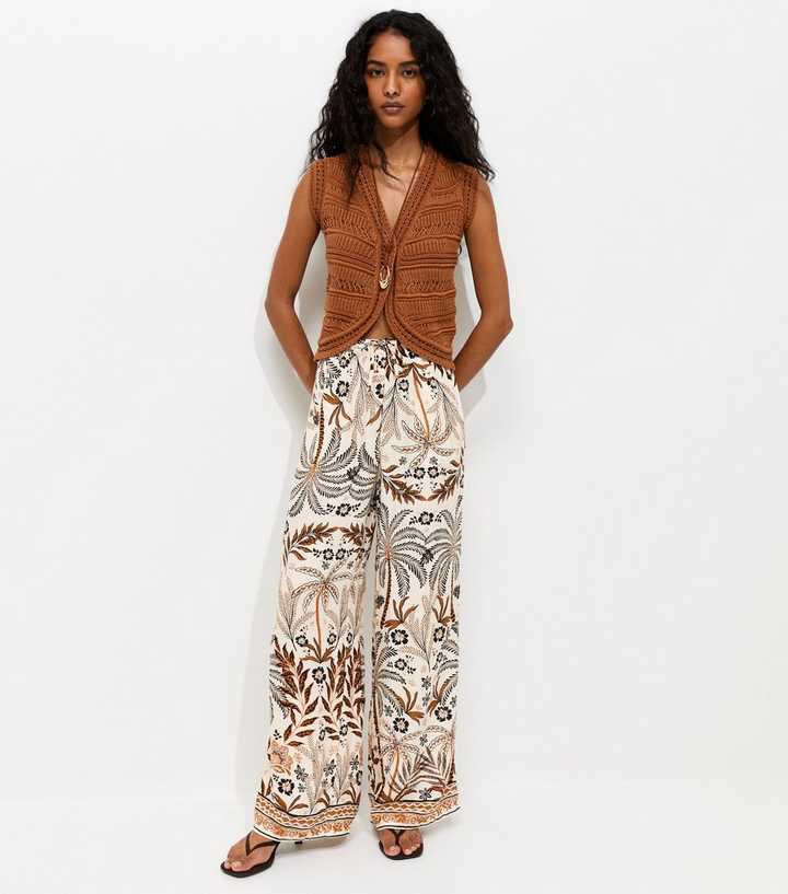 Cream Lotus Palm Tree Print Wide Leg Trousers