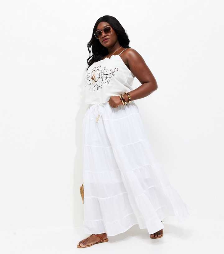Curves White Tassel Tiered Midi Skirt